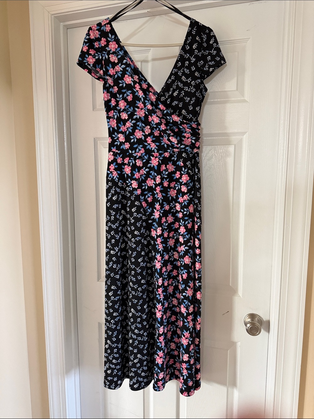 Maggy London Black Floral Wrap Midi Dress with Pink & Blue Flowers